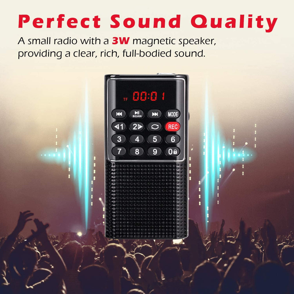 Pocket FM Radio Mini Pocket Radio with Recorder MP3 Player with Lock Key SD Card Player Battery Operated Travel Small Pocket Radio for Walking Camping Black