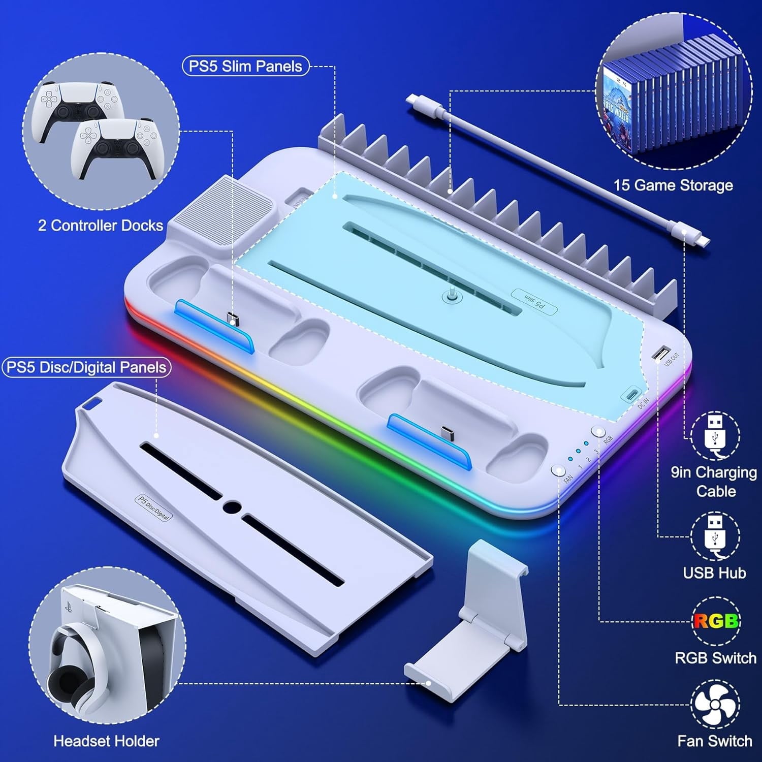 PS5 Slim Stand and Turbo Cooling Station with Controller Charging Station for Playsation 5 3 Levels Cooling Fan RGB Light 15 Game Storage Headset Holder for PS5 Digital/Disc