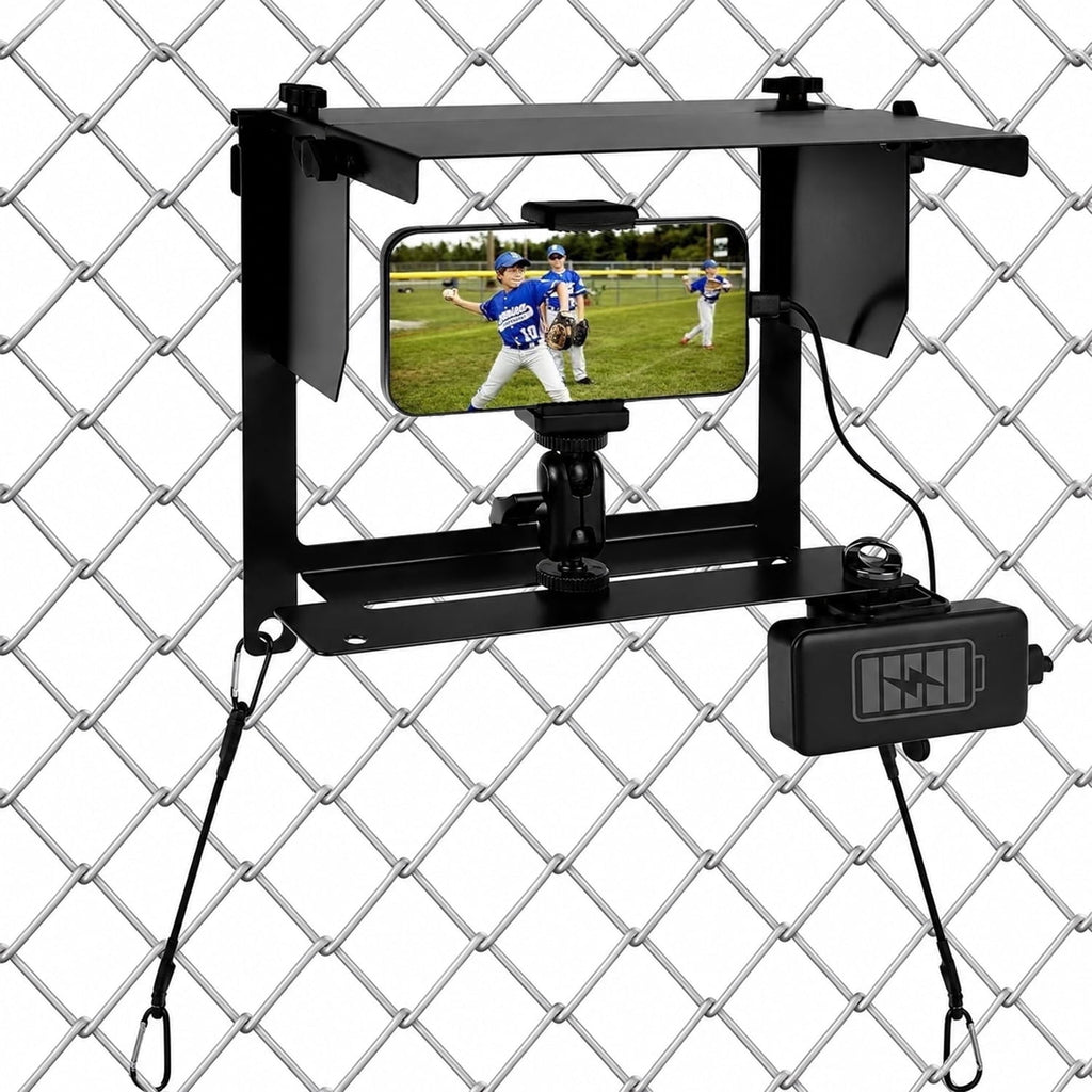Cell Phone Fence Mount with Shade Camera Fence Clip Holder Mounting Kit Fence Mount with Power Bank Clip for Phone & Action Cameras for Recording Baseball Tennis Sports Games
