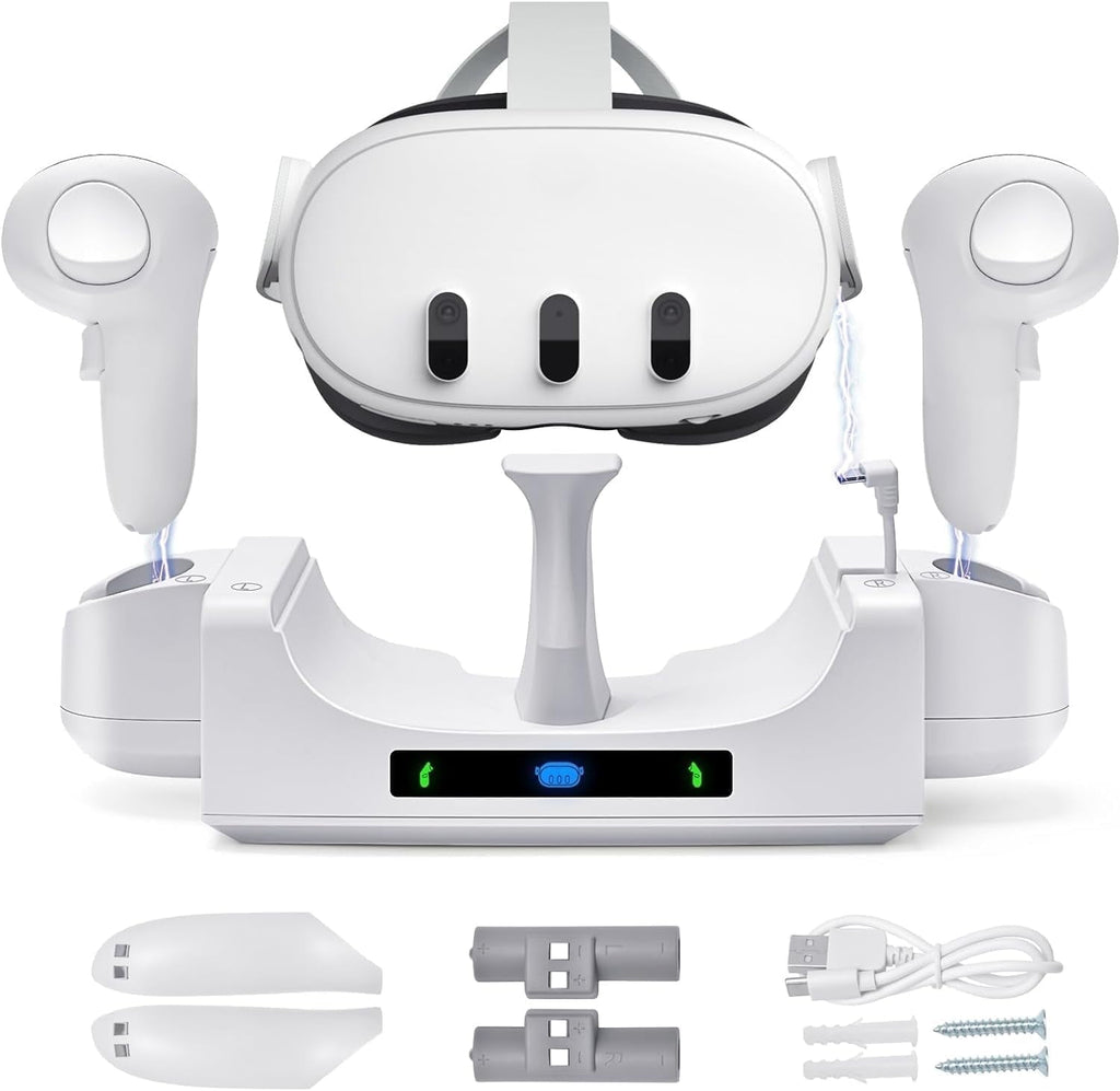 Prociv Charging Dock for Oculus/Meta Quest 3 Charging Stand for Meta Quest 3 Controller and Headset with 2 Rechergeable Batteries Battery Cover