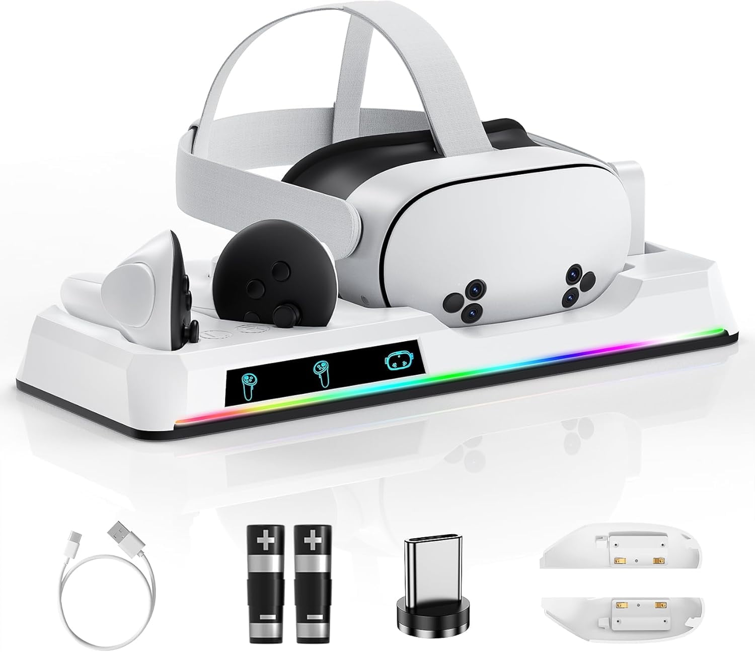 Charging Dock for Oculus Quest 3S Magnetic VR Charger with 2 Rechargeable Batteries for Meta Quest 3S Accessories VR Headset and Controller Charger Support LED Indicator