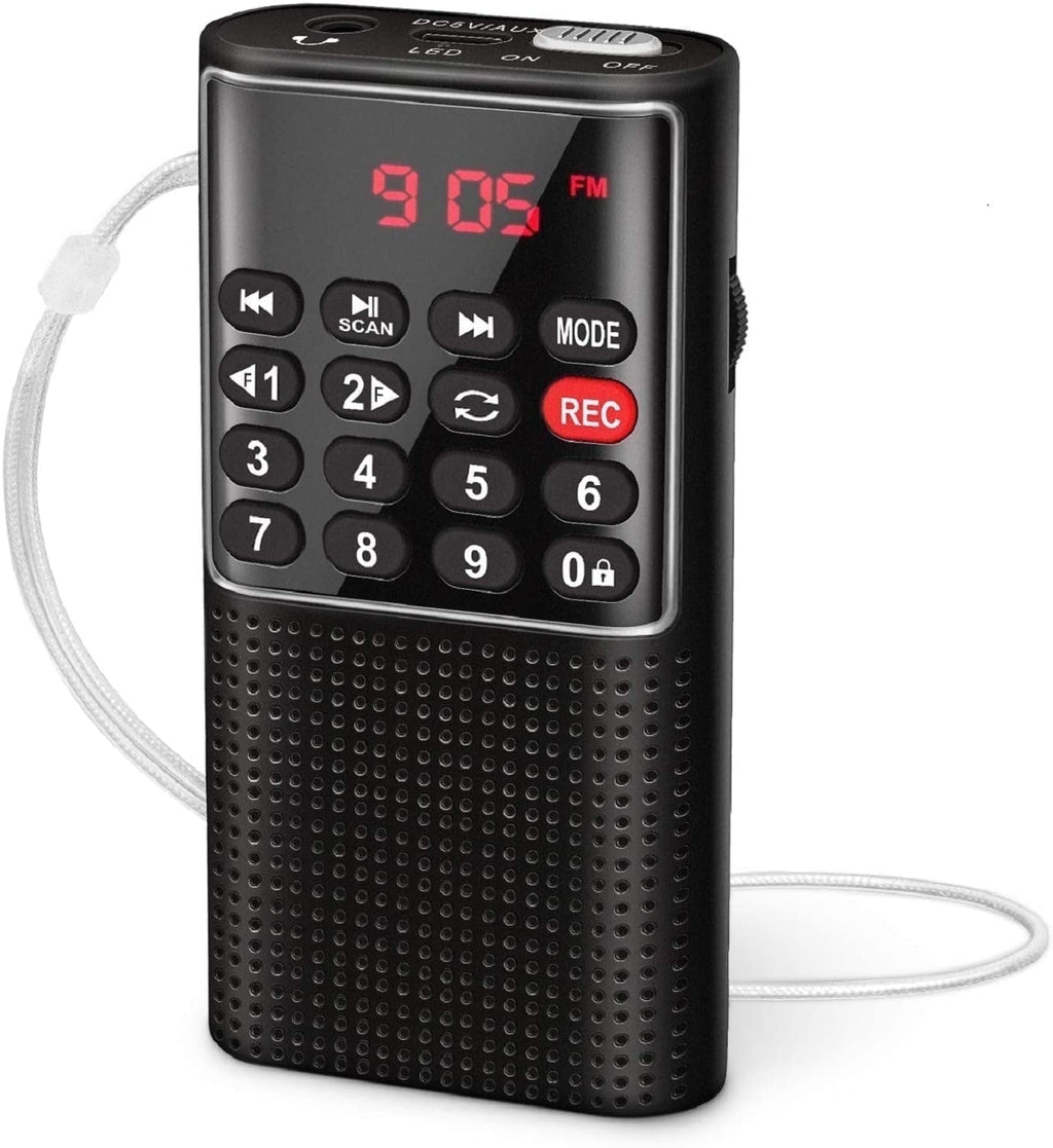Pocket FM Radio Mini Pocket Radio with Recorder MP3 Player with Lock Key SD Card Player Battery Operated Travel Small Pocket Radio for Walking Camping Black
