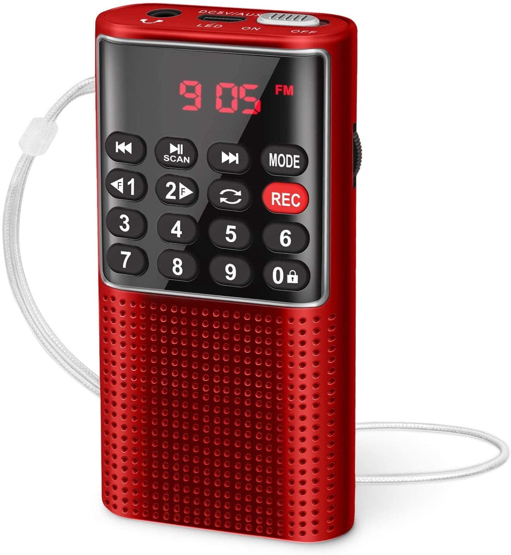 AmzDoer Small FM Radio - Pocket Portable Radio Rechargeable Battery Operated Supports USB/TF Card Mp3 Player Numeric Key ideal for Senior Home Camping Radio Red