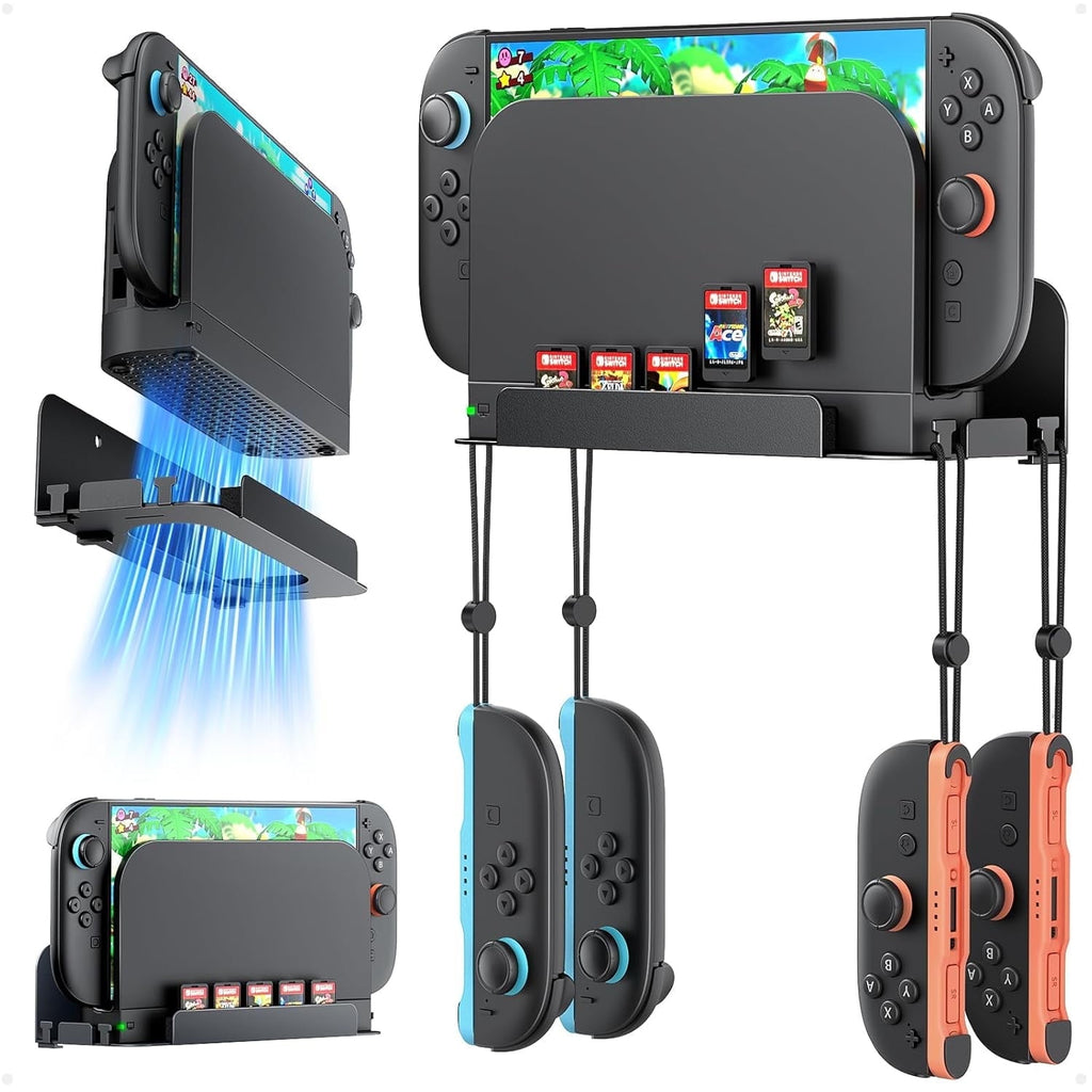 Metal Wall Mount for Nintendo Switch 2 Console Switch 2 Organizer Shelf Base Kit Behind TV Switch 2 Accessories with 5 Card Slots and 4 Joy-con Hanger Carbon Black