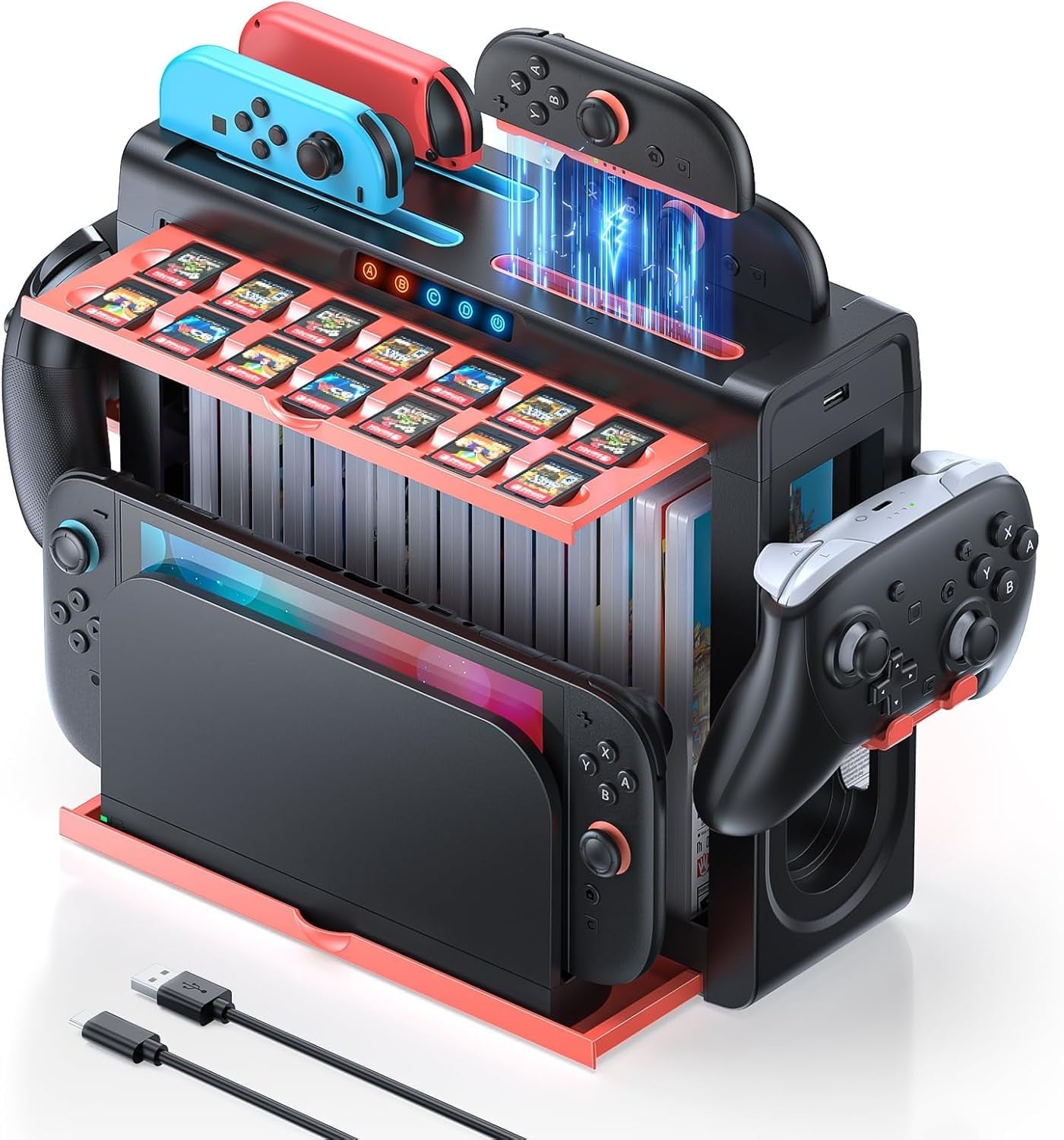 Organizer and Charging Station for Nintendo Switch 2/1 Charger Dock for Joycon 2/1 Retractable Storage Stand for Switch 2 Console 16 Game Disc 14 Game Cards for Pro Controller