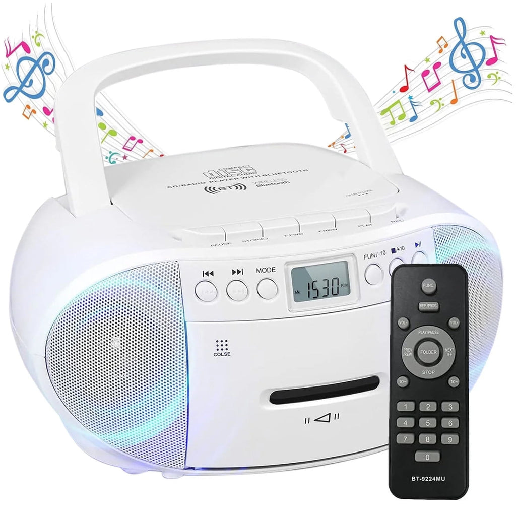 Prociv CD Player Boombox with Cassette Player Bluetooth AM/FM Radio Stereo Sound with Remote Control AUX/USB Drive Tape Recording AC/DC Powered Headphone Jack LCD Display for Home Senior Child Whi