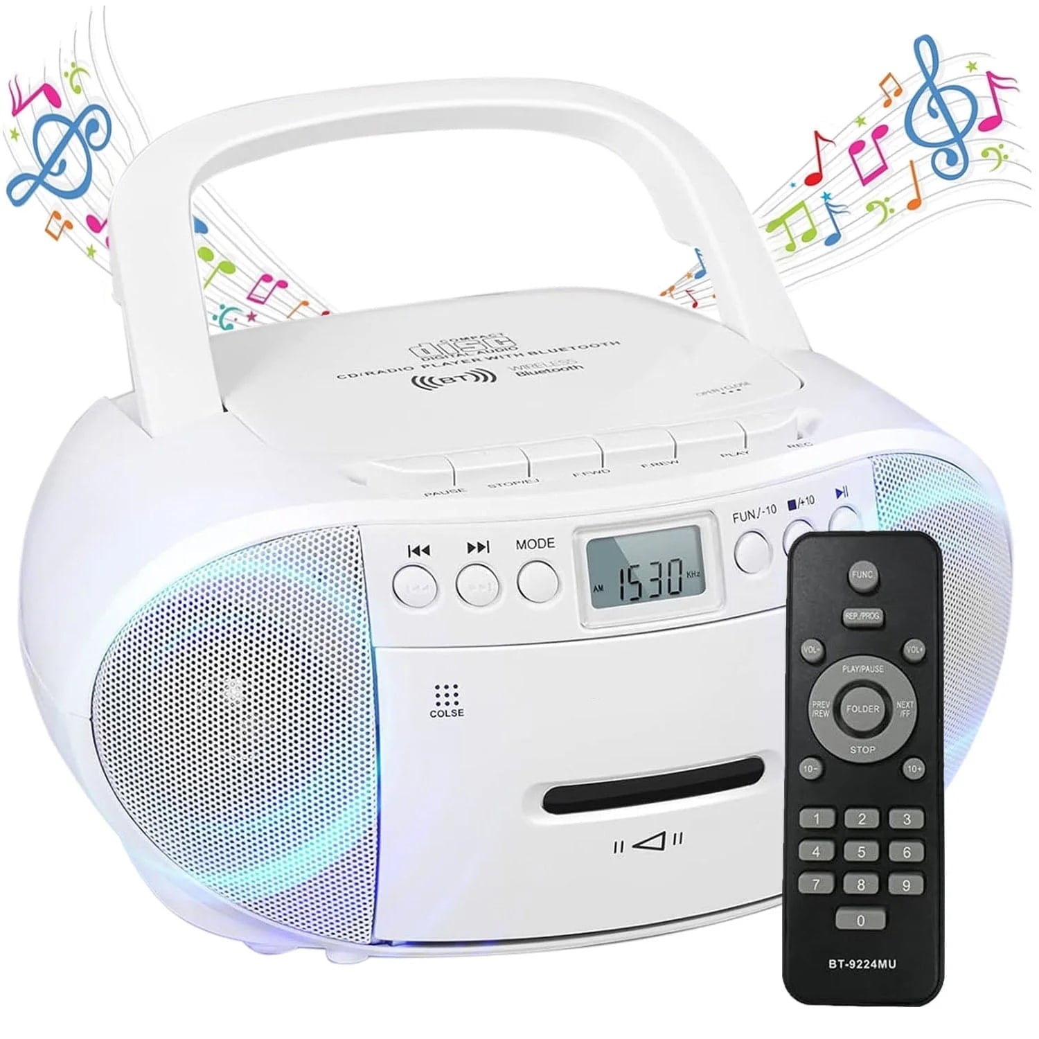 Prociv CD Player Boombox with Cassette Player Bluetooth AM/FM Radio Stereo Sound with Remote Control AUX/USB Drive Tape Recording AC/DC Powered Headphone Jack LCD Display for Home Senior Child Whi