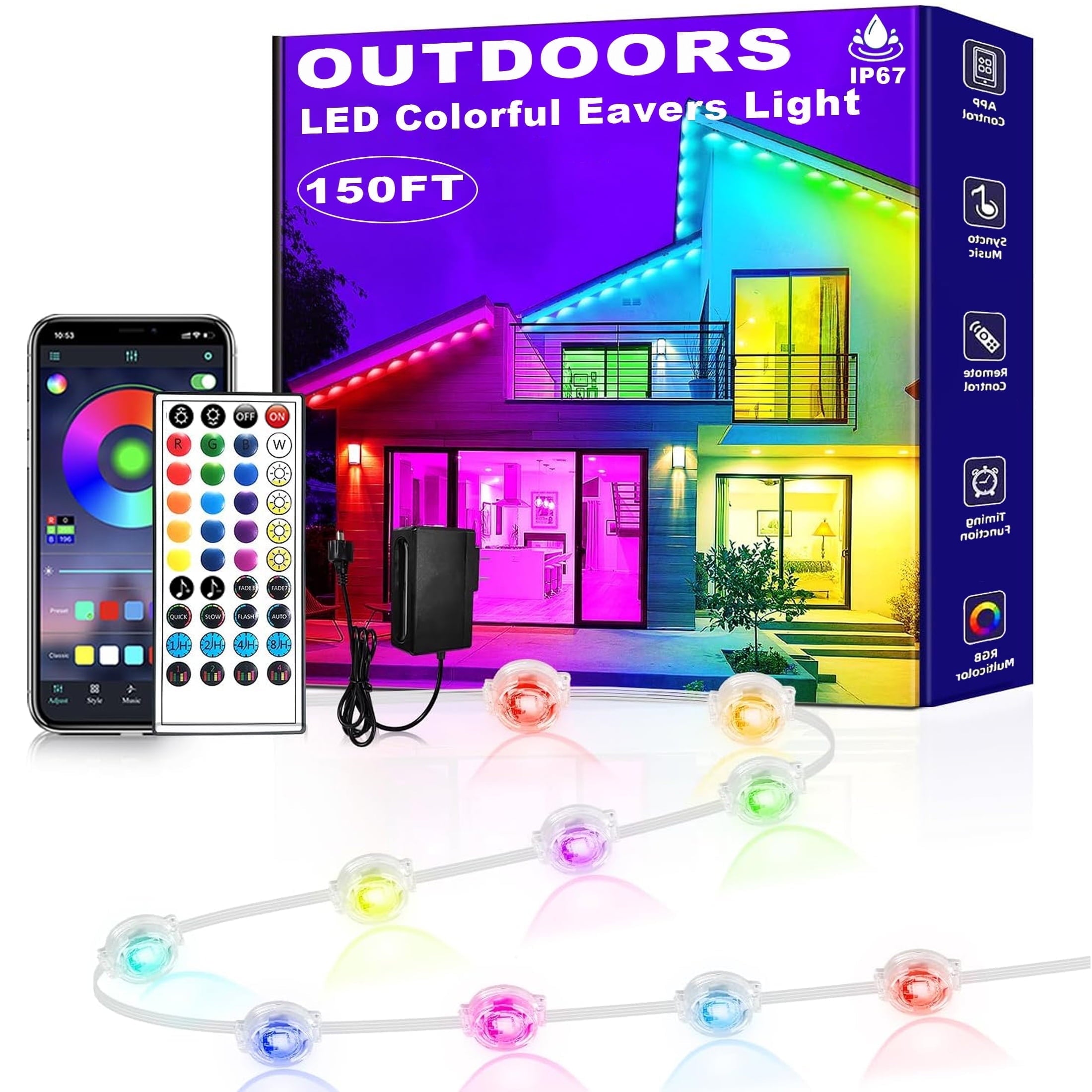 Prociv Permanent Outdoor Lights Waterproof 150FT 75LEDs Christmas Outdoor Lights APP & Remote Control Color Changing Eaves Lights with DIY Modes for for Party Daily Halloween Christmas Garden