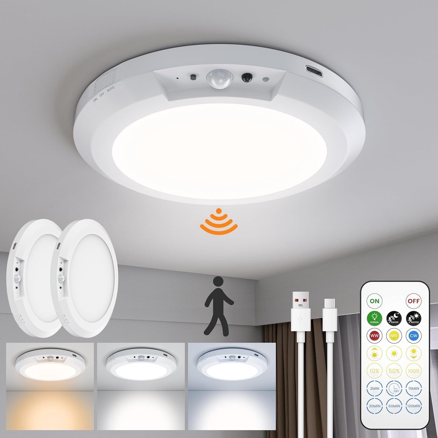 Rechargeable Ceiling Light No Wiring Battery Operated Ceiling Lights with Remote Motion Sensor Dimmable Timing Motion Activated Overhead Shower Light for Bathroom Pantry Hallway Porch 2PCS