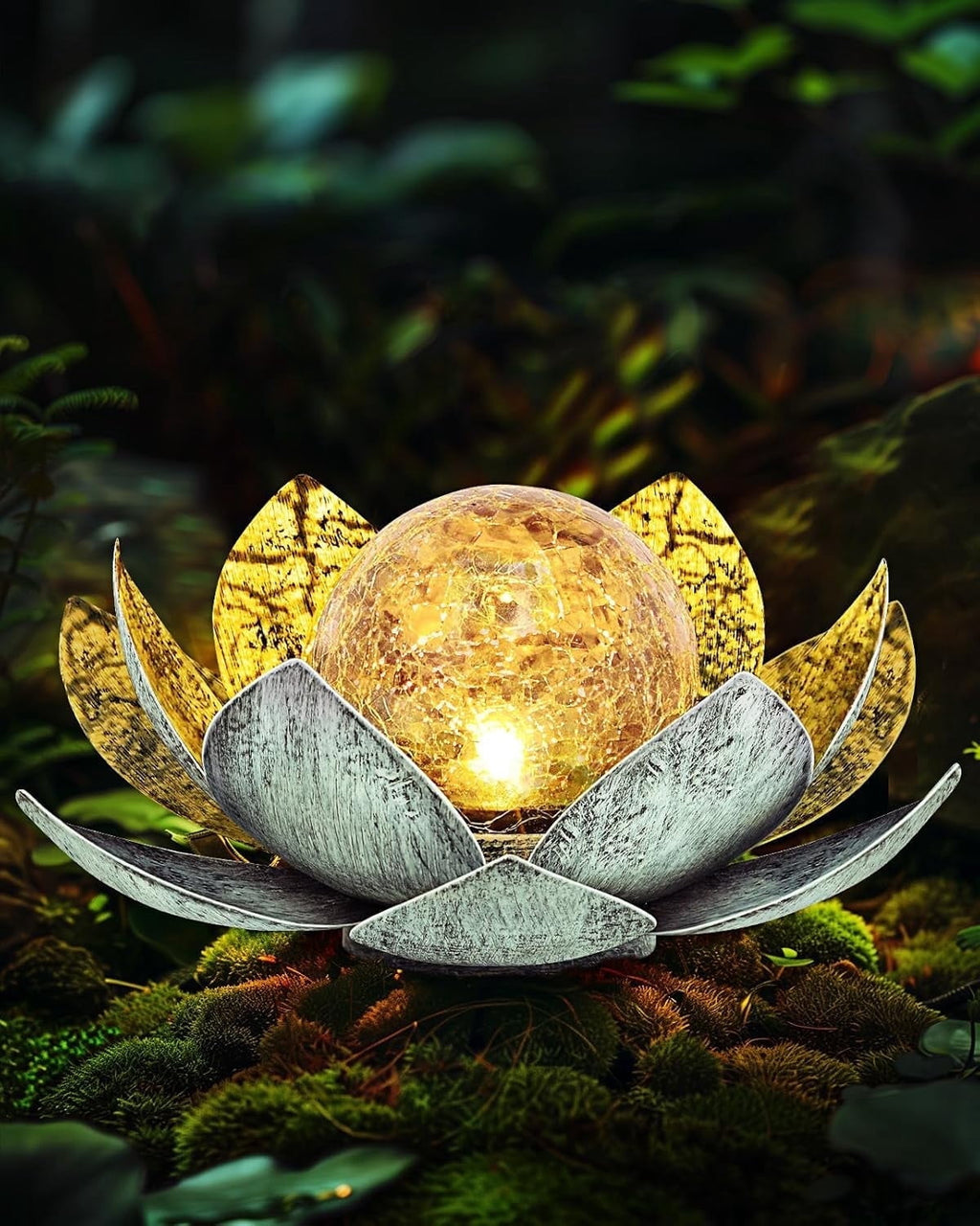 Garden Solar Light Outdoor Amber Crackle Globe Glass Lotus Decoration Waterproof Gary Metal LED Flower Lights for Patio Lawn Walkway Tabletop Garden Gifts for Women