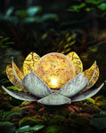 Garden Solar Light Outdoor Amber Crackle Globe Glass Lotus Decoration Waterproof Gary Metal LED Flower Lights for Patio Lawn Walkway Tabletop Garden Gifts for Women