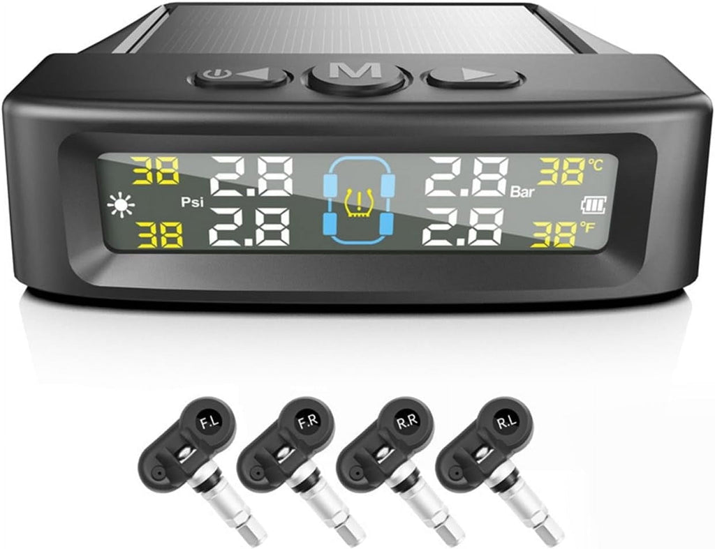 RV Tire Pressure Monitoring System Tire Pressure Monitor with Solar Charge LCD Display Auto Sleep Mode for Trailer Truck Off Road Pickup(4 Sensors Built In Didi Version)