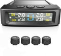 RV Tire Pressure Monitoring System Tire Pressure Monitor with Solar Charge LCD Display Auto Sleep Mode for Trailer Truck Off Road Pickup(4 Sensors External Voice Version)