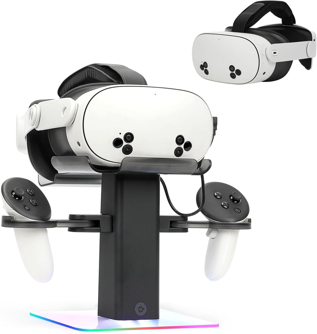 VR Stand Headset Charging Dock for Quest 3S/Quest 3/Quest 2 VR Headset Display Stand and Stable Bracket Storage Base Bottom RGB LED Light