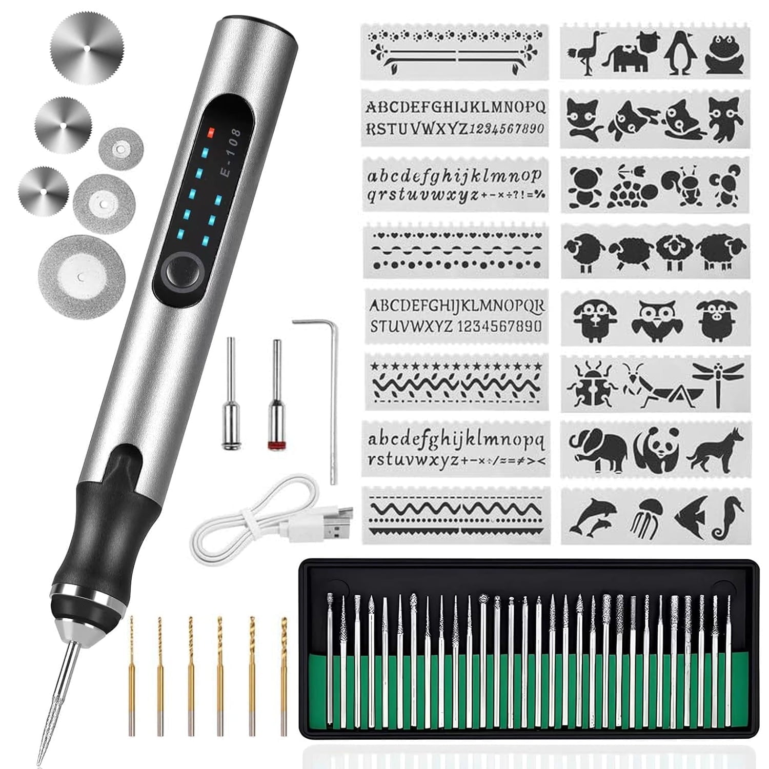 Wiher Electric Engraving Pen Kit with 42 Bits Mini Electric DIY Engraver Cordless Rotary Tools Portable Engraving Tool for Jewelry Wood Metal Stone Plastic Glass Etching (Silver)
