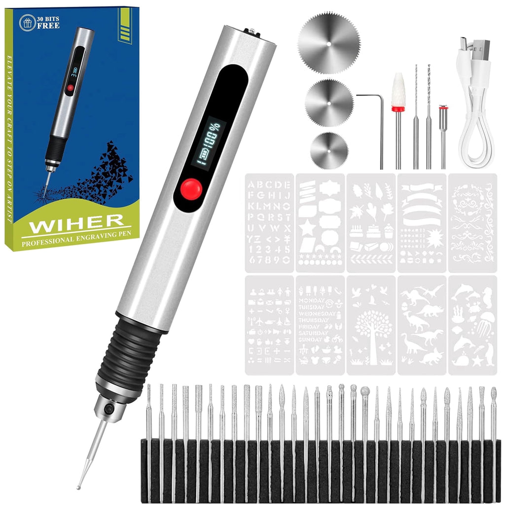 Wiher Engraving Pen with 30 Bits Mini Electric DIY Engraver Cordless Rotary Tools Portable Engraving Pen for Metal Wood Glass and Plastic Jewelry (Silver)