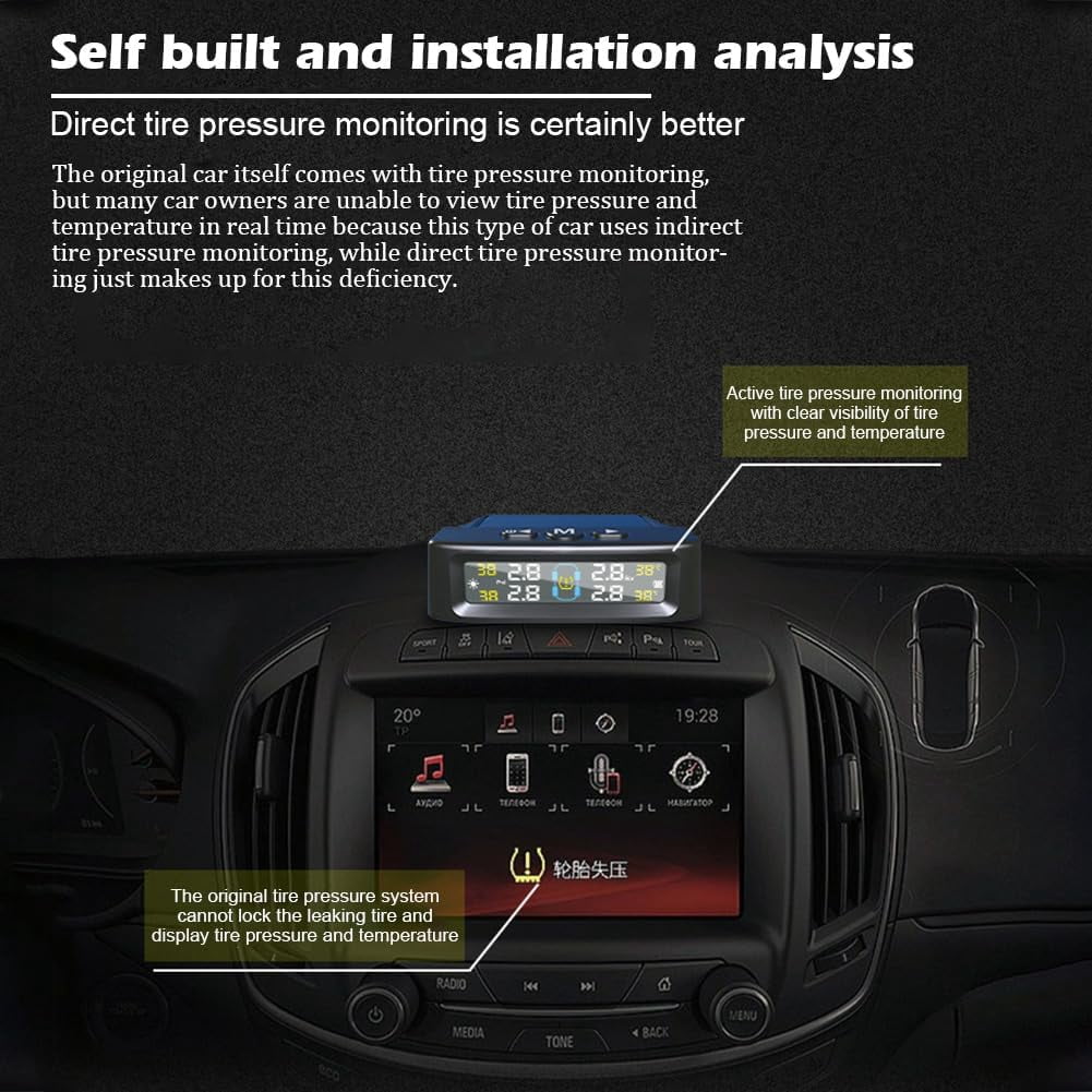 RV Tire Pressure Monitoring System Tire Pressure Monitor with Solar Charge LCD Display Auto Sleep Mode for Trailer Truck Off Road Pickup(4 Sensors Built In Voice Version)