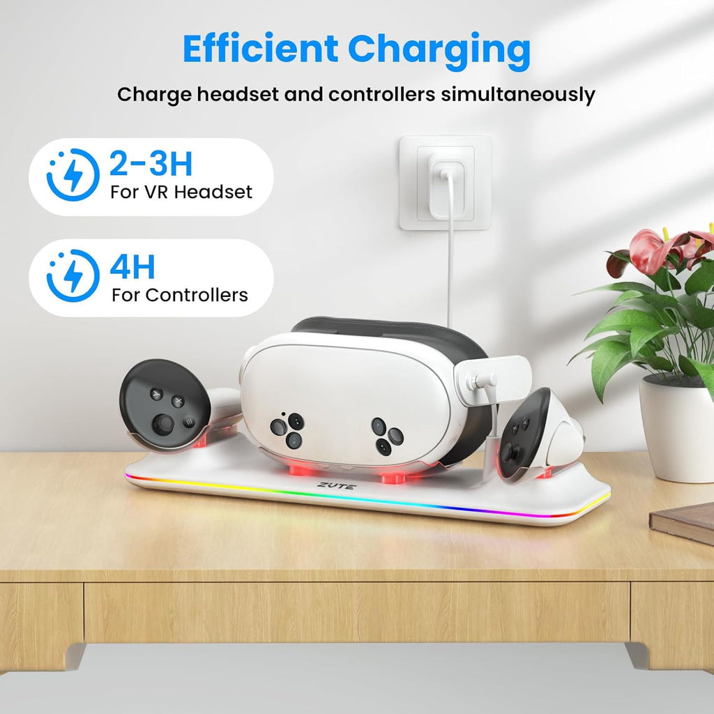 VR Charging Dock for Oculus/Meta Quest 3S - Magnetic Docking Station with LED Light - Charging Stationo Display with 2 * 1800Mah Rechargeable Batteries - VR Charging Stand Support Elite Strap White
