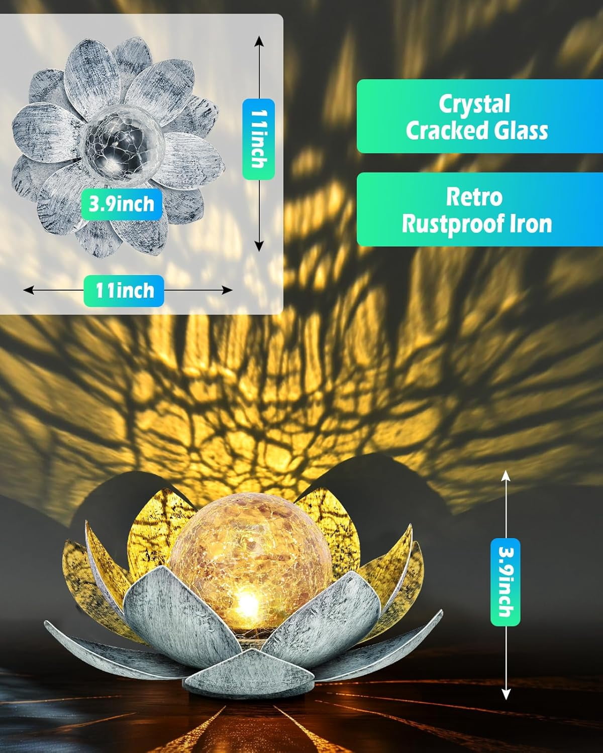 Garden Solar Light Outdoor Amber Crackle Globe Glass Lotus Decoration Waterproof Gary Metal LED Flower Lights for Patio Lawn Walkway Tabletop Garden Gifts for Women