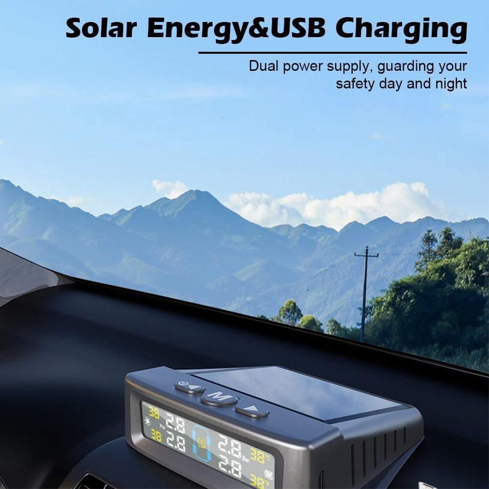 RV Tire Pressure Monitoring System Tire Pressure Monitor with Solar Charge LCD Display Auto Sleep Mode for Trailer Truck Off Road Pickup(4 Sensors External Didi Version)