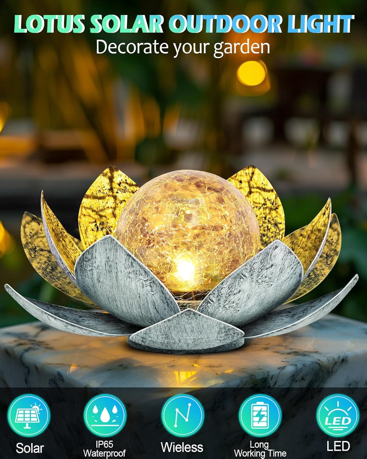 Garden Solar Light Outdoor Amber Crackle Globe Glass Lotus Decoration Waterproof Gary Metal LED Flower Lights for Patio Lawn Walkway Tabletop Garden Gifts for Women