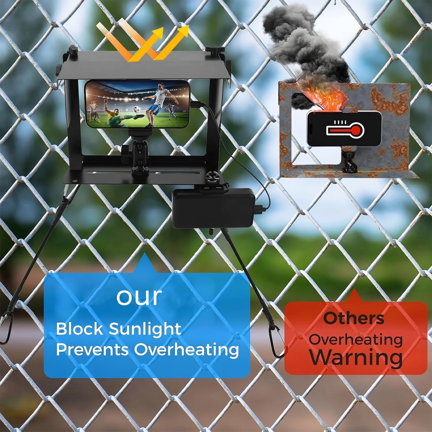 Cell Phone Fence Mount with Shade Camera Fence Clip Holder Mounting Kit Fence Mount with Power Bank Clip for Phone & Action Cameras for Recording Baseball Tennis Sports Games