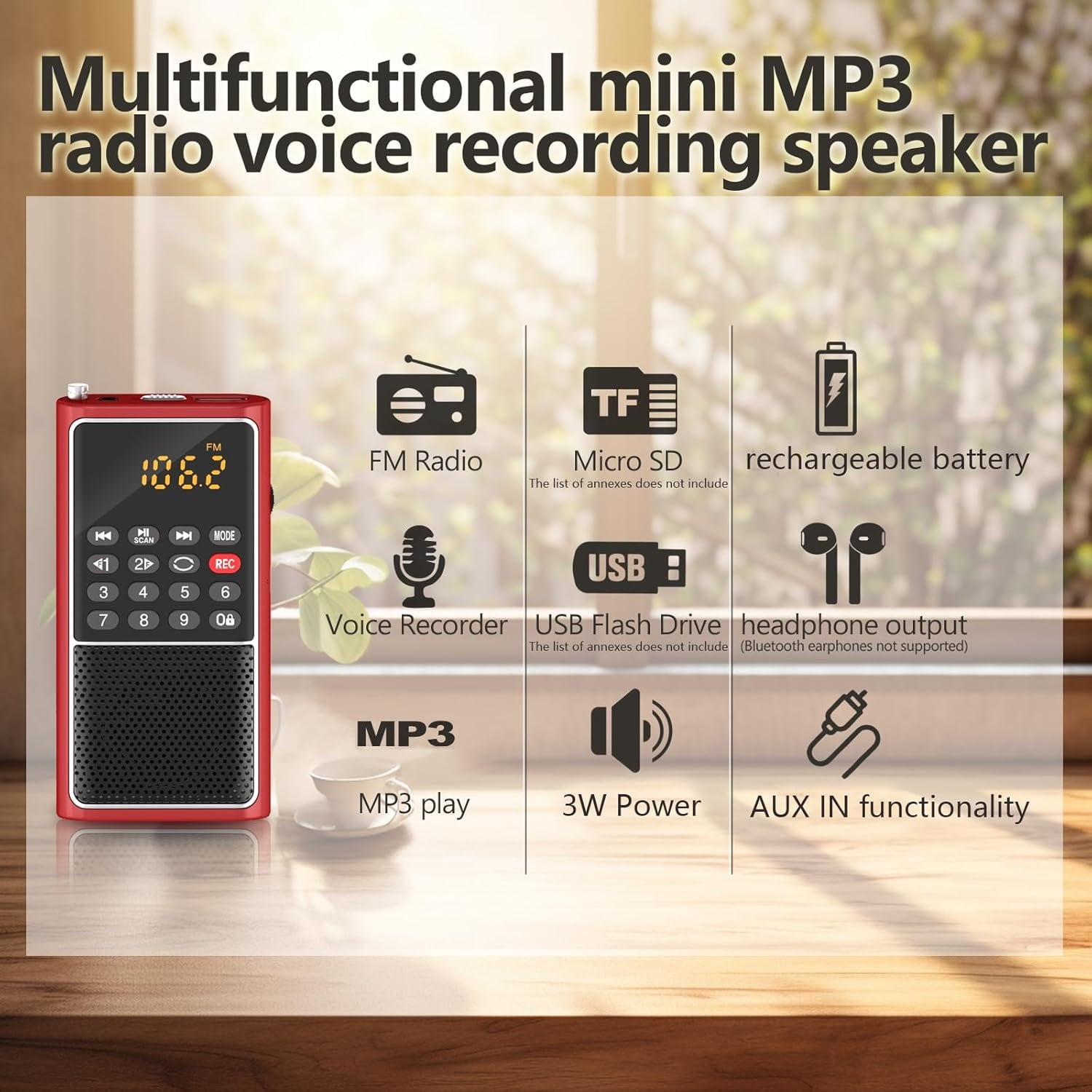 AmzDoer Small FM Radio - Pocket Portable Radio Rechargeable Battery Operated Supports USB/TF Card Mp3 Player Numeric Key ideal for Senior Home Camping Radio Red