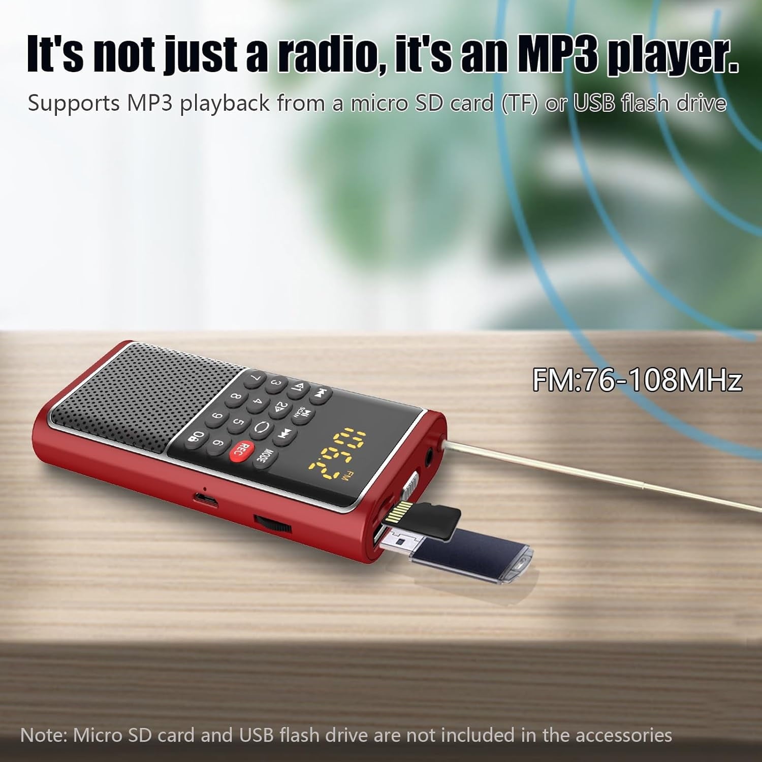 AmzDoer Small FM Radio - Pocket Portable Radio Rechargeable Battery Operated Supports USB/TF Card Mp3 Player Numeric Key ideal for Senior Home Camping Radio Red