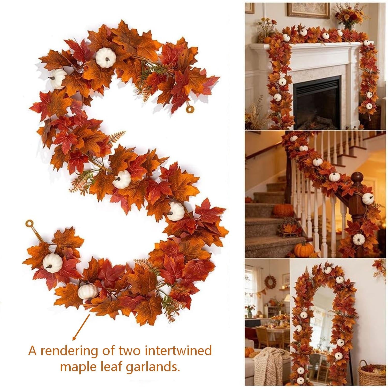 2 Pack Fall Maple Leaf Garland 5.9ft/Piece Artificial Autumn Maple Leaves Decorations Garland with White Pumpkin Fall Thanksgiving Decorations for Home Door Mantel Fireplace Decor Orange