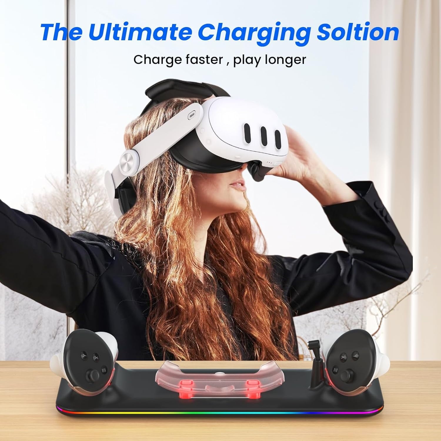 VR Charging Dock for Meta Quest 3 Fast Charging Station with Colorful RGB Light for Oculus Quest 3 Magnetic Charging Stand for VR Headset and Touch Controllers with 2 Rechargeable Batteries Black