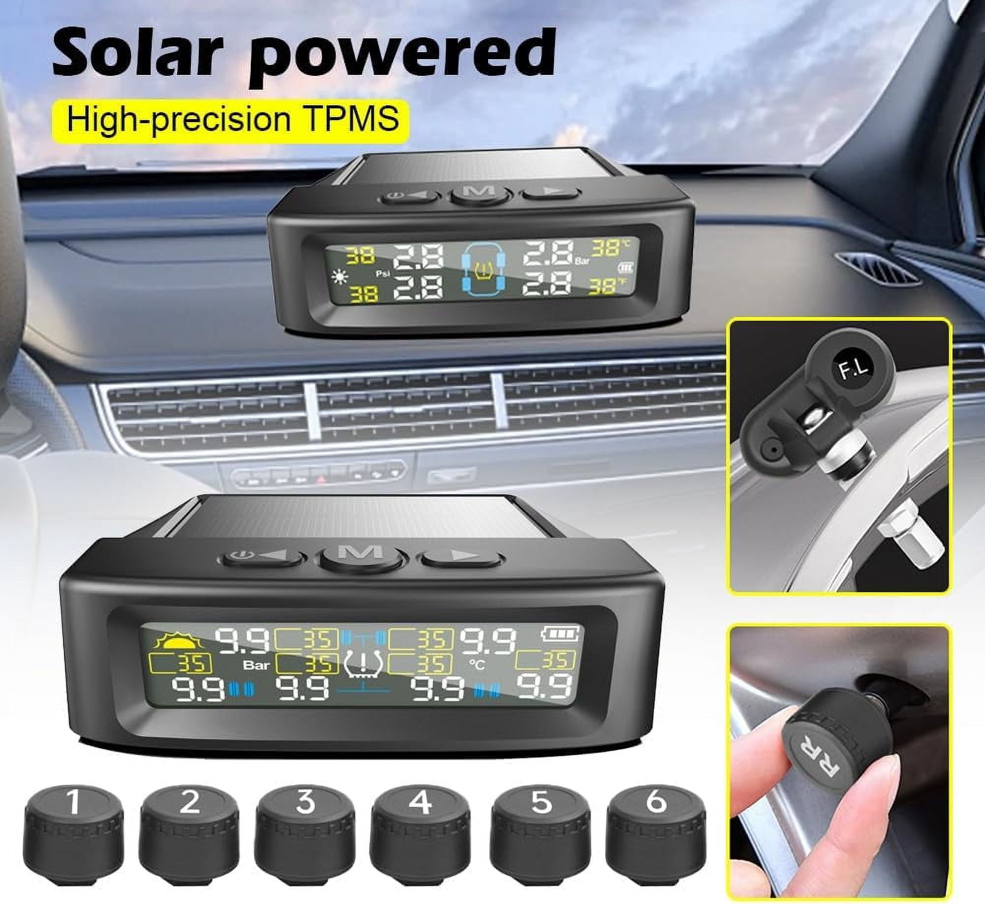 RV Tire Pressure Monitoring System Tire Pressure Monitor with Solar Charge LCD Display Auto Sleep Mode for Trailer Truck Off Road Pickup(6 Sensors External Didi Version)