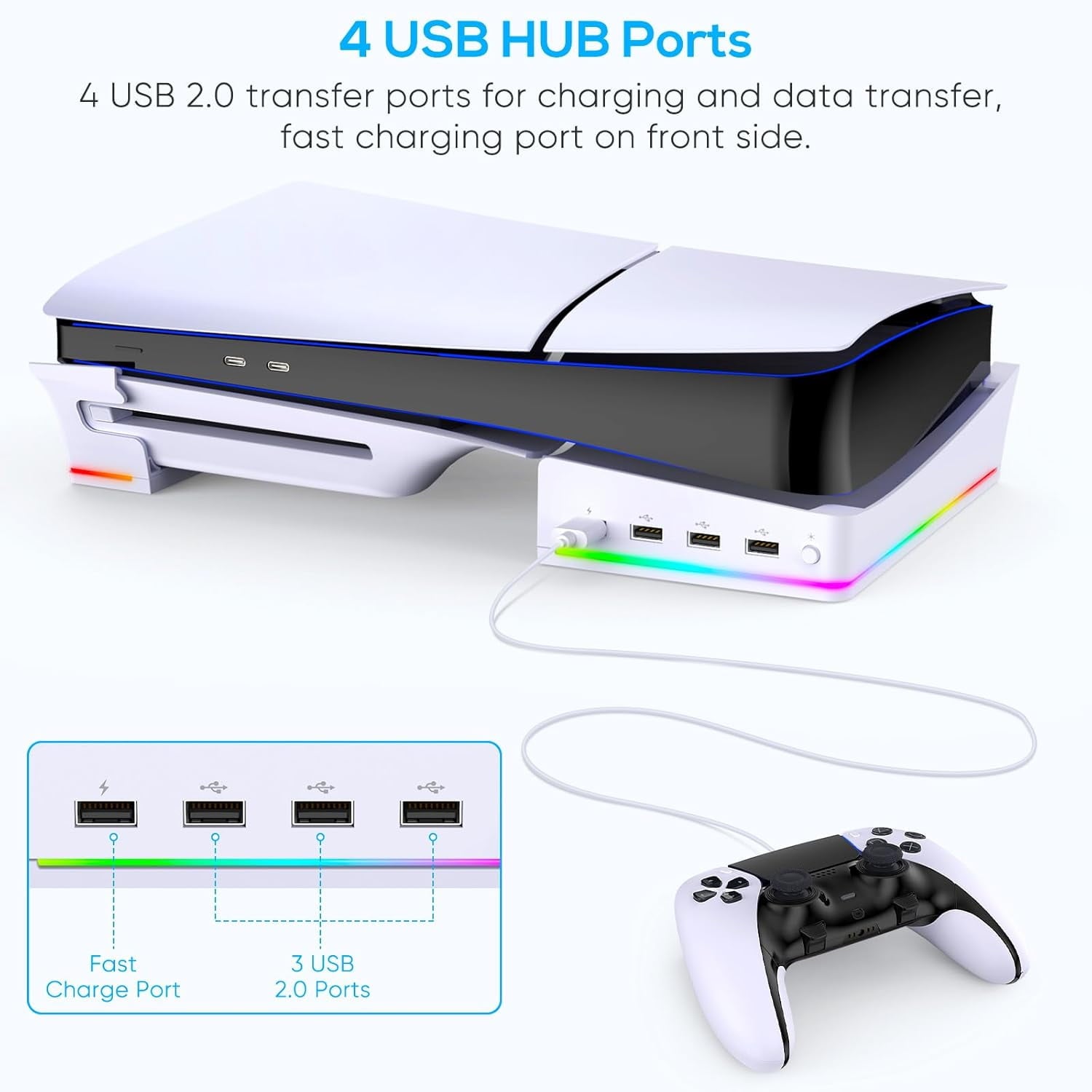 RGB Horizontal Stand for PS5 Pro / Slim Console Accessories with 14 Light Mode and 4 USB Hubs Side Stand for Playstation 5 Pro / Slim Disc & Digital Base Holder with Fast Charging White