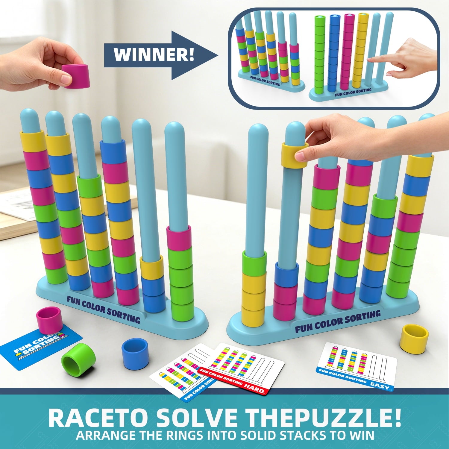 Giant Color Stack Challenge Game 2Pcs Fast-Paced Color Matching Puzzle Game with 50 Challenge Cards Fun Party and Family Board Games for Kids Adults (Colorful 1-2 Player)