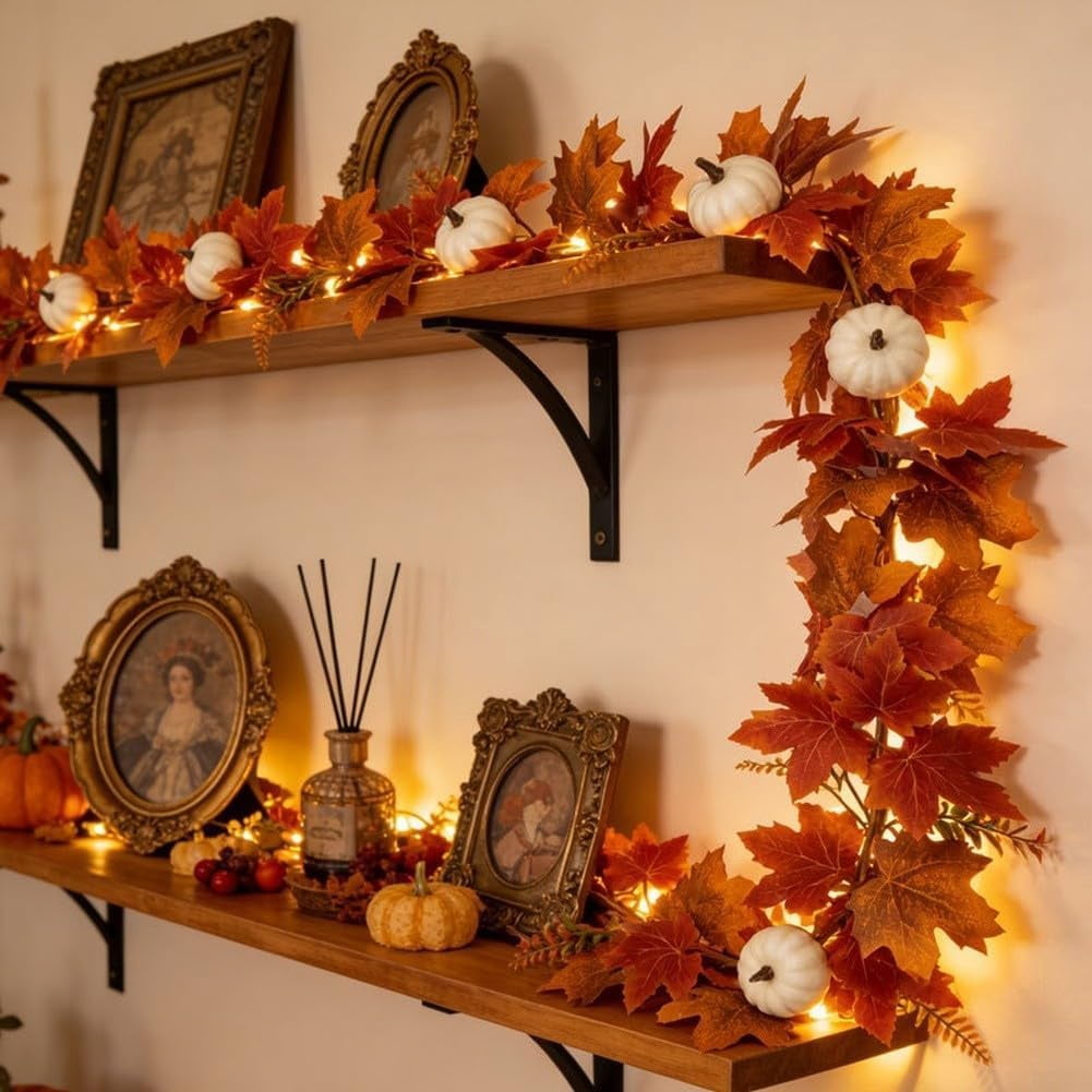 2 Pack Fall Maple Leaf Garland 5.9ft/Piece Artificial Autumn Maple Leaves Decorations Garland with White Pumpkin Fall Thanksgiving Decorations for Home Door Mantel Fireplace Decor Orange