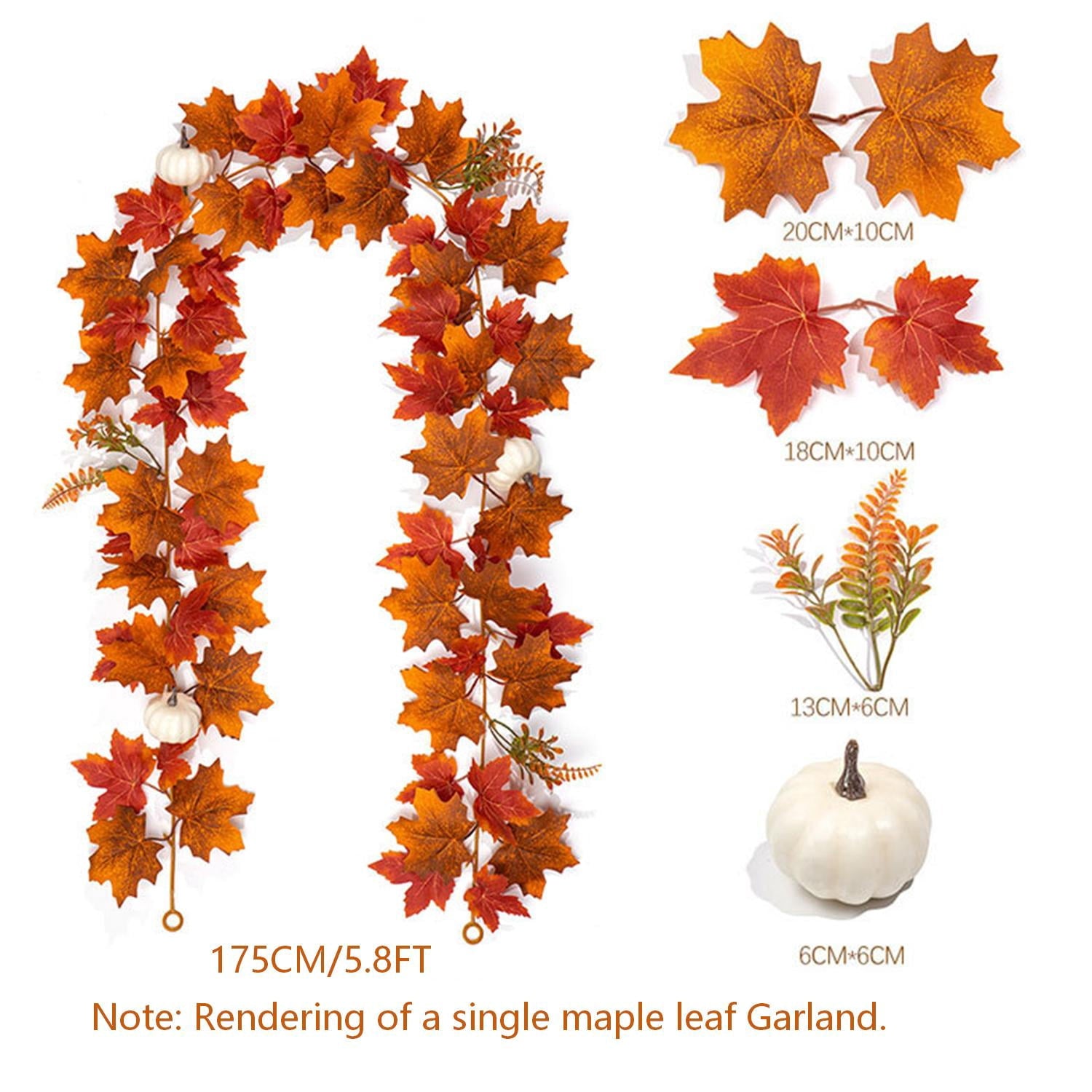 2 Pack Fall Maple Leaf Garland 5.9ft/Piece Artificial Autumn Maple Leaves Decorations Garland with White Pumpkin Fall Thanksgiving Decorations for Home Door Mantel Fireplace Decor Orange