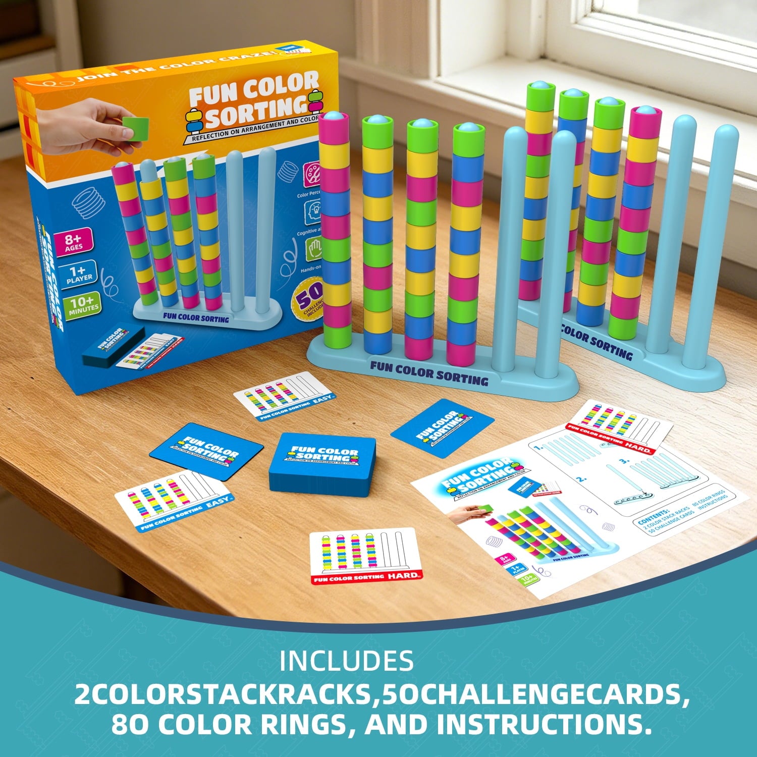 Giant Color Stack Challenge Game 2Pcs Fast-Paced Color Matching Puzzle Game with 50 Challenge Cards Fun Party and Family Board Games for Kids Adults (Colorful 1-2 Player)