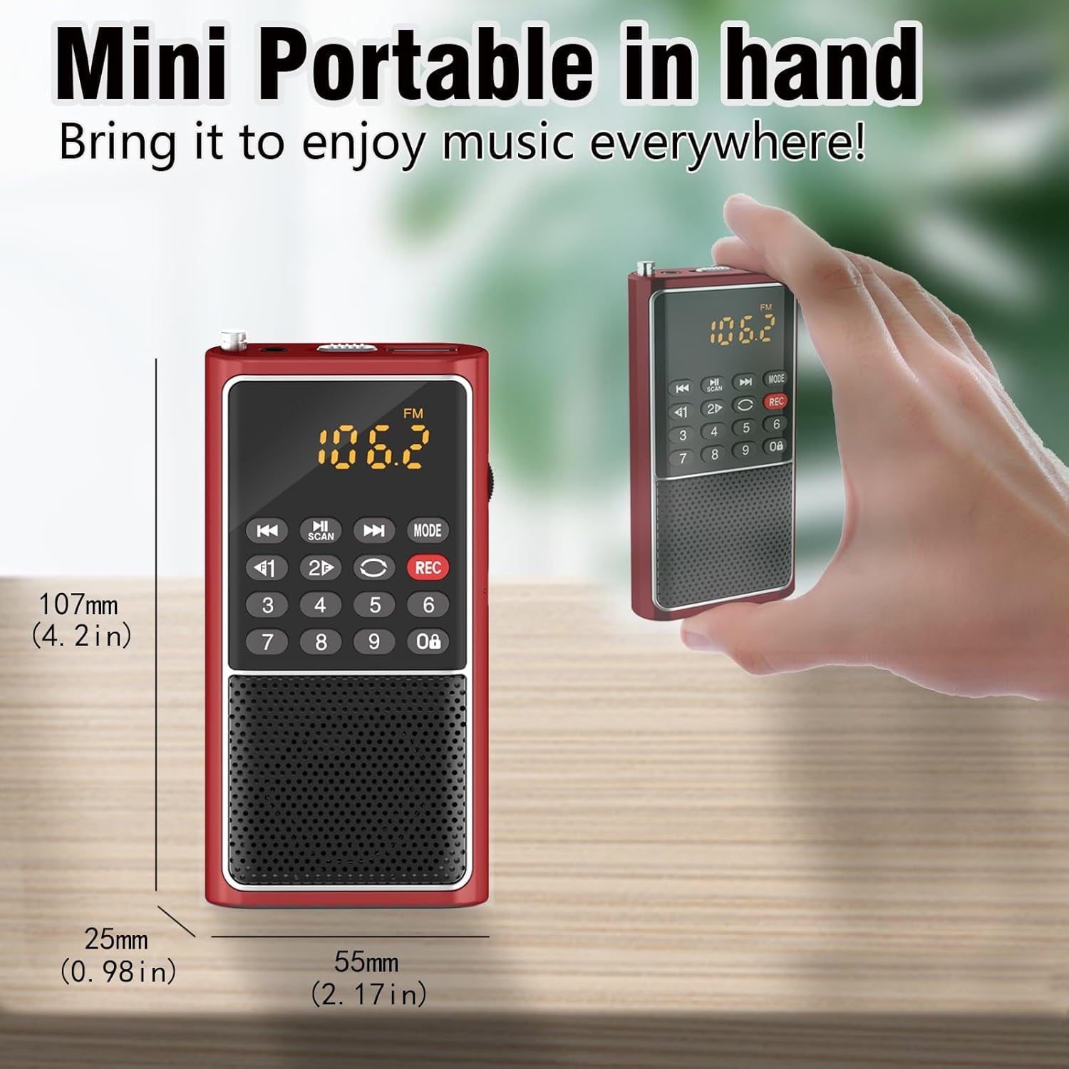 AmzDoer Small FM Radio - Pocket Portable Radio Rechargeable Battery Operated Supports USB/TF Card Mp3 Player Numeric Key ideal for Senior Home Camping Radio Red