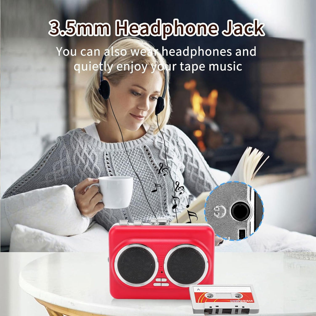 Portable Cassette Player with Auto Reverse Convert Tapes to Digital Files via USB Cassette Audio Player Tape to MP3 Converter Powered by USB Power Cord or AA Battery - Red
