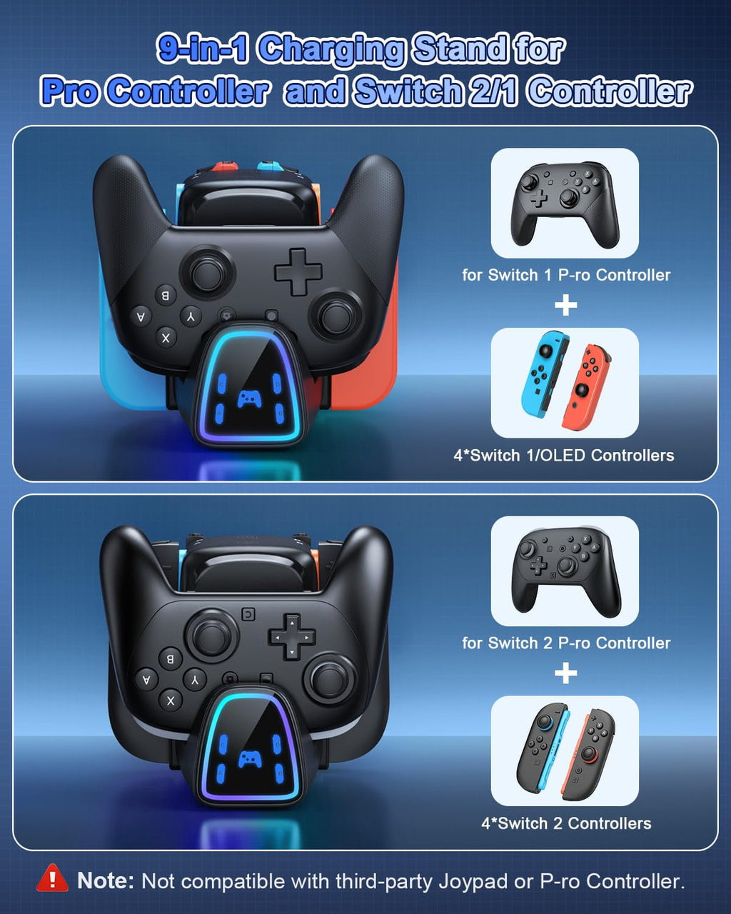 Controller Charging Dock for Nintendo Switch 2/Switch 1/OLED Controller Fast Charger Station for Joy Con 2&1 and Pro Controller 2&1 Charger Accessories with RGB Light Black