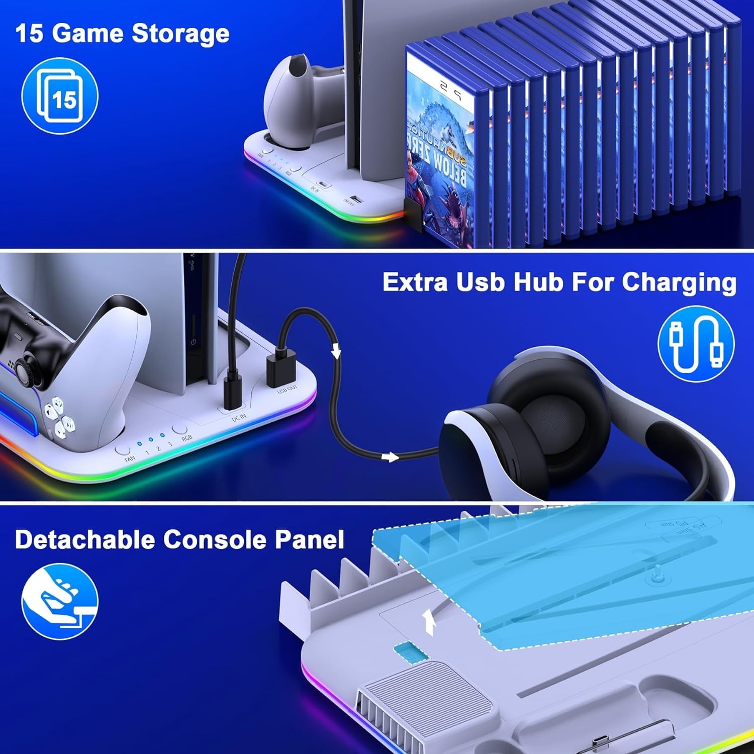 PS5 Slim Stand and Turbo Cooling Station with Controller Charging Station for Playsation 5 3 Levels Cooling Fan RGB Light 15 Game Storage Headset Holder for PS5 Digital/Disc