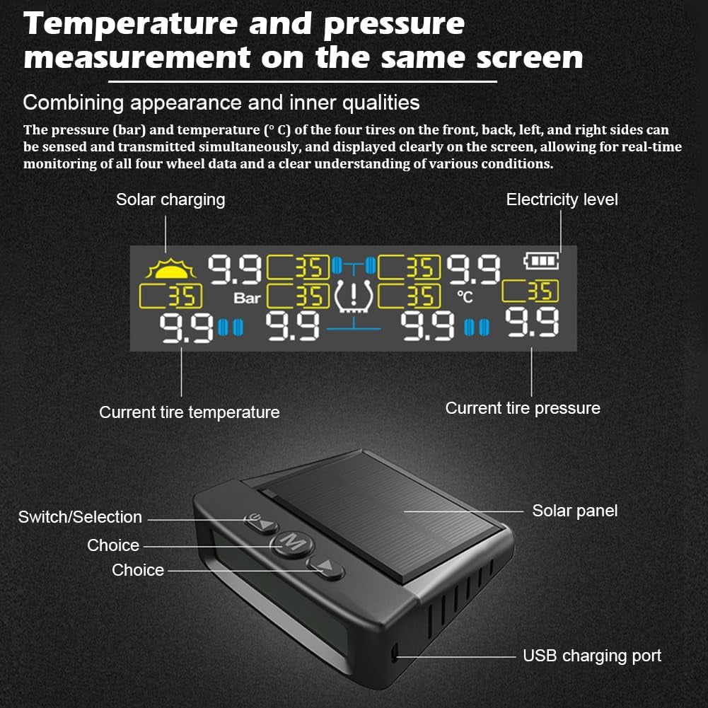 RV Tire Pressure Monitoring System Tire Pressure Monitor with Solar Charge LCD Display Auto Sleep Mode for Trailer Truck Off Road Pickup(6 Sensors External Didi Version)