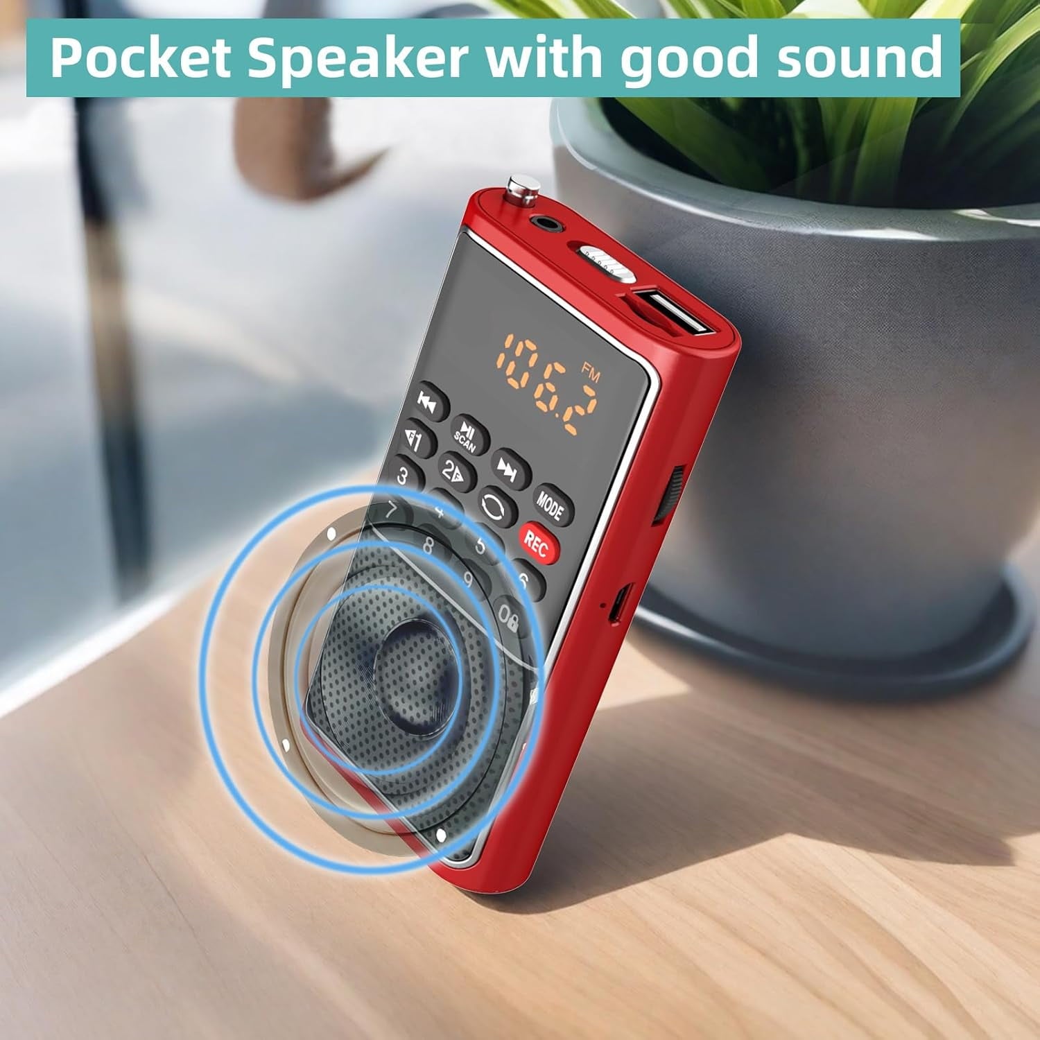 AmzDoer Small FM Radio - Pocket Portable Radio Rechargeable Battery Operated Supports USB/TF Card Mp3 Player Numeric Key ideal for Senior Home Camping Radio Red